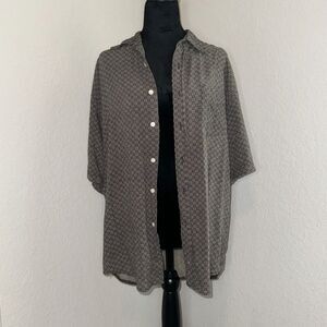 Cambridge Classic Shirt Women Medium Black Gray Geometric 100% Silk Button-Up